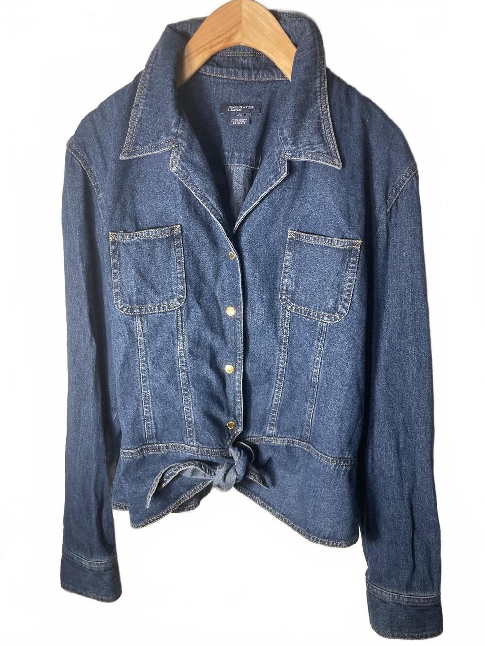 Jones New York Signature Womens  Denim Button Up Shirt Jacket with Tie Front XL